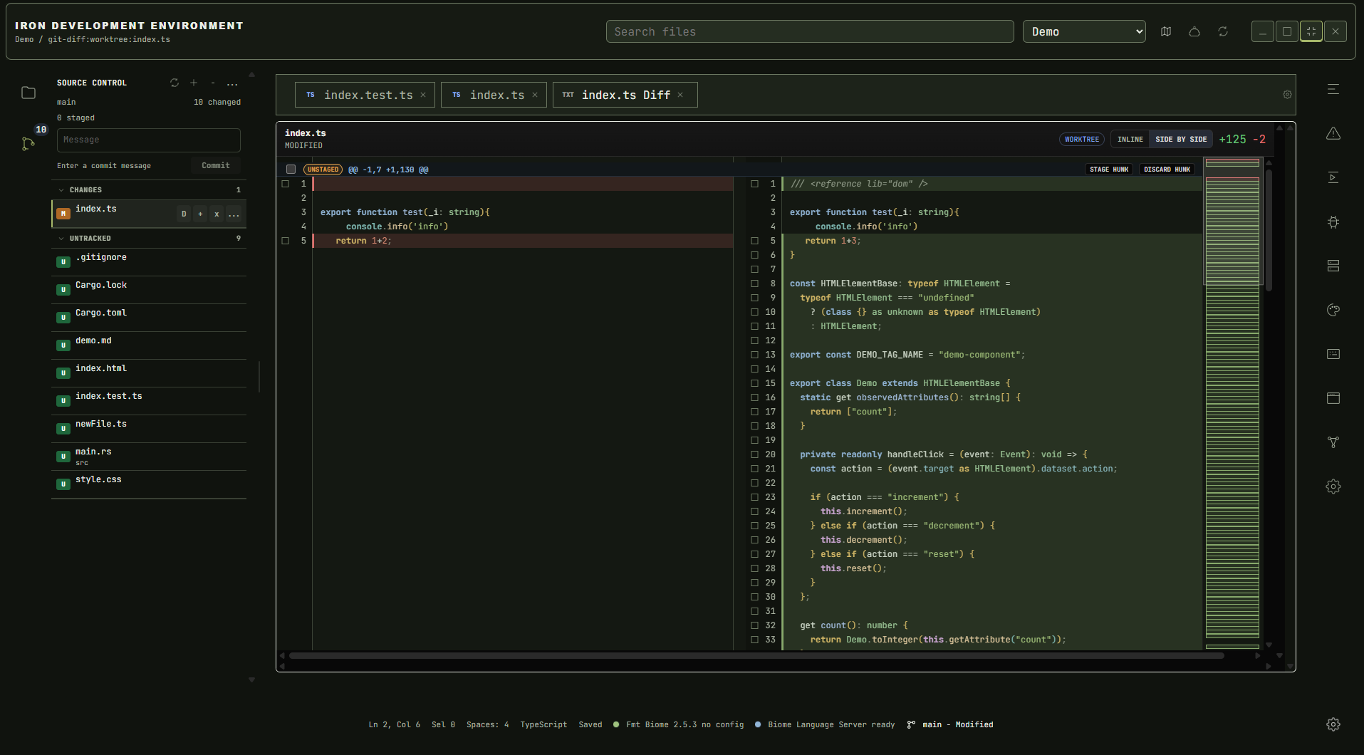 Iron Development Environment showing source control and a side-by-side code diff