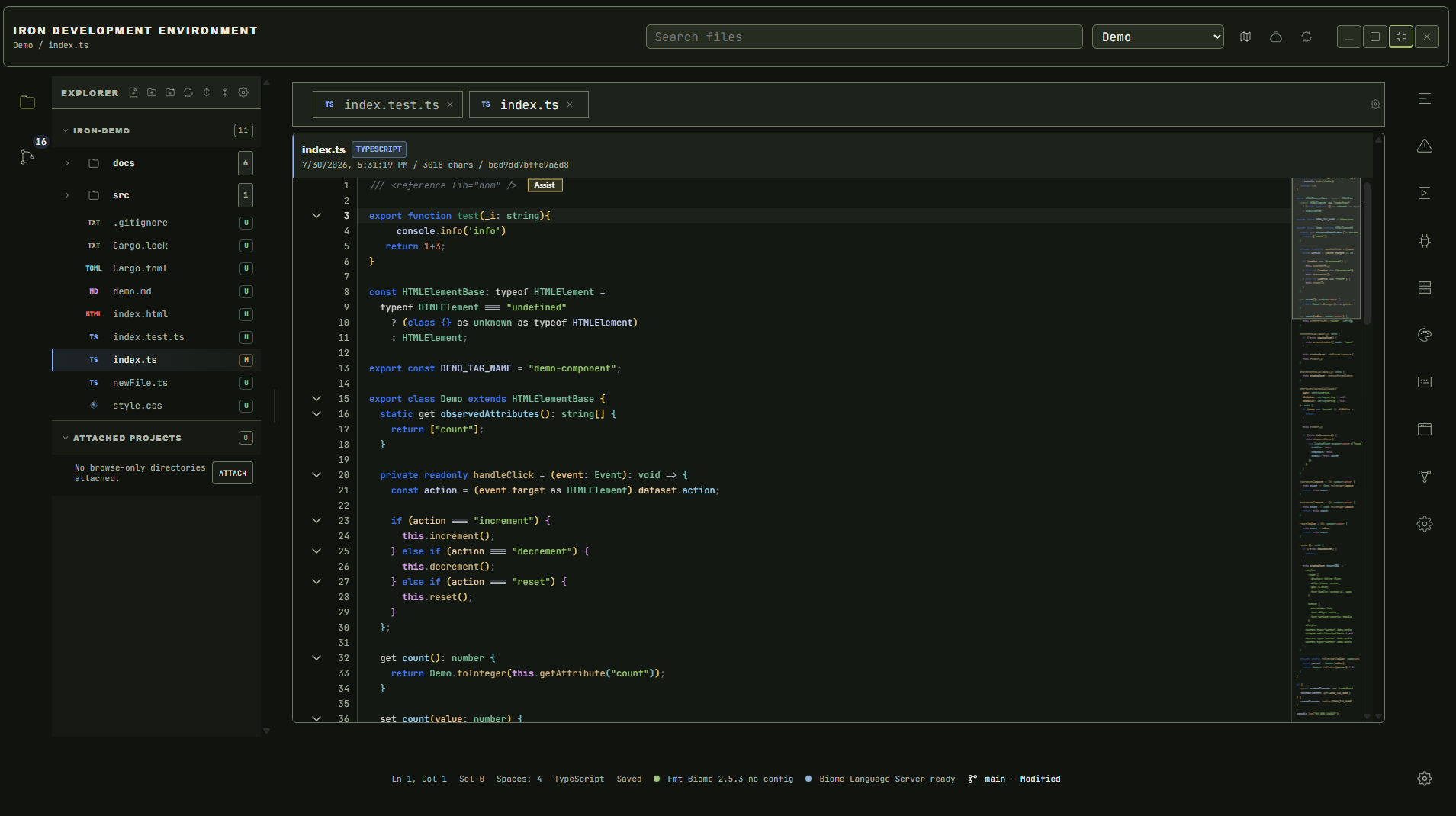 Iron Development Environment showing a TypeScript project in the code editor